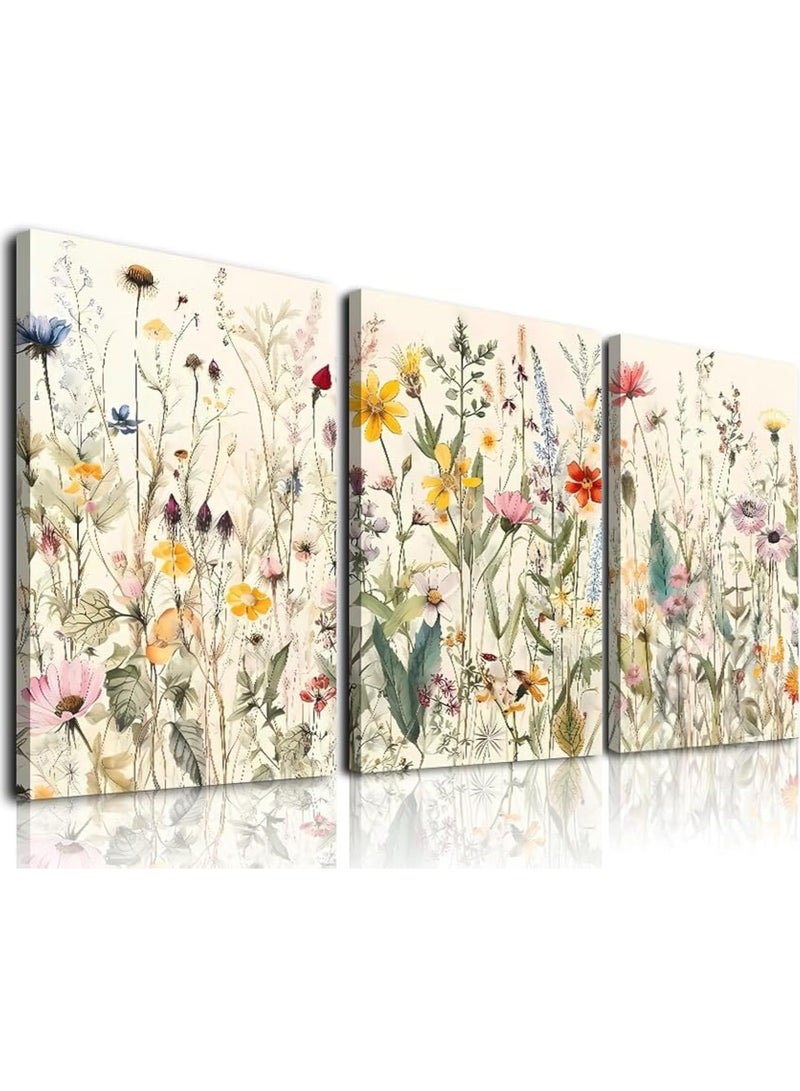 مؤسسة فكرة اليوم مجموعة من 3 لوحات فنية جدارية مؤطرة من القماش، لوحة فنية جدارية بسيطة من الزهور والنباتات لديكور المزرعة، لوحات فنية جدارية على طراز بوهو، لوحات فنية من الزهور البرية بألوان مائية، مطبوعة فنية حديثة من الزهور النباتية الملونة للحمام، - Image 1