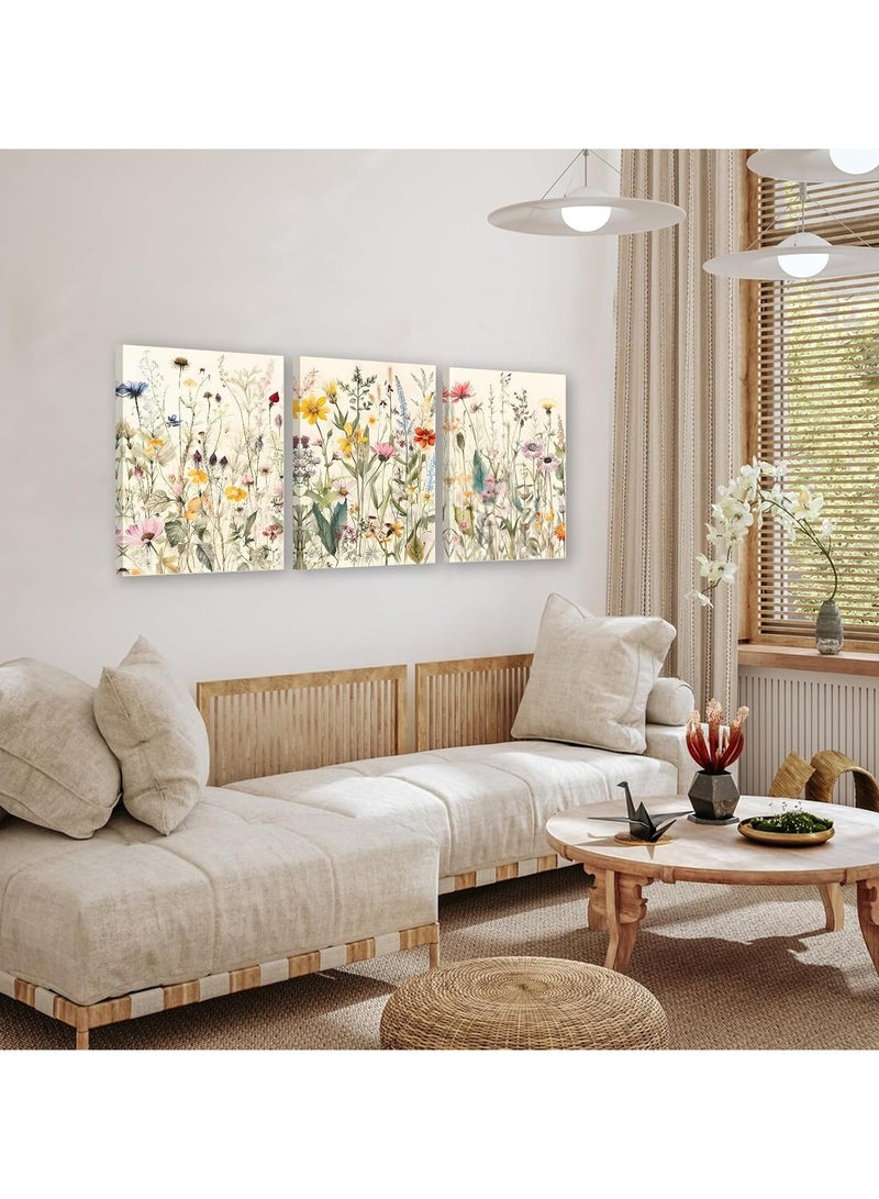 مؤسسة فكرة اليوم مجموعة من 3 لوحات فنية جدارية مؤطرة من القماش، لوحة فنية جدارية بسيطة من الزهور والنباتات لديكور المزرعة، لوحات فنية جدارية على طراز بوهو، لوحات فنية من الزهور البرية بألوان مائية، مطبوعة فنية حديثة من الزهور النباتية الملونة للحمام، - Image 2