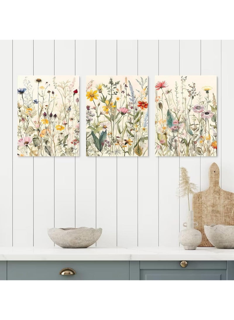 مؤسسة فكرة اليوم مجموعة من 3 لوحات فنية جدارية مؤطرة من القماش، لوحة فنية جدارية بسيطة من الزهور والنباتات لديكور المزرعة، لوحات فنية جدارية على طراز بوهو، لوحات فنية من الزهور البرية بألوان مائية، مطبوعة فنية حديثة من الزهور النباتية الملونة للحمام، - Image 4