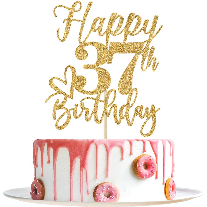 Yotawebery Gold Glitter Happy Birthday Cake Topper  Funny Happy Birthday Party Supplies (happy 37th birthday  Gold Glitter) - Image 1