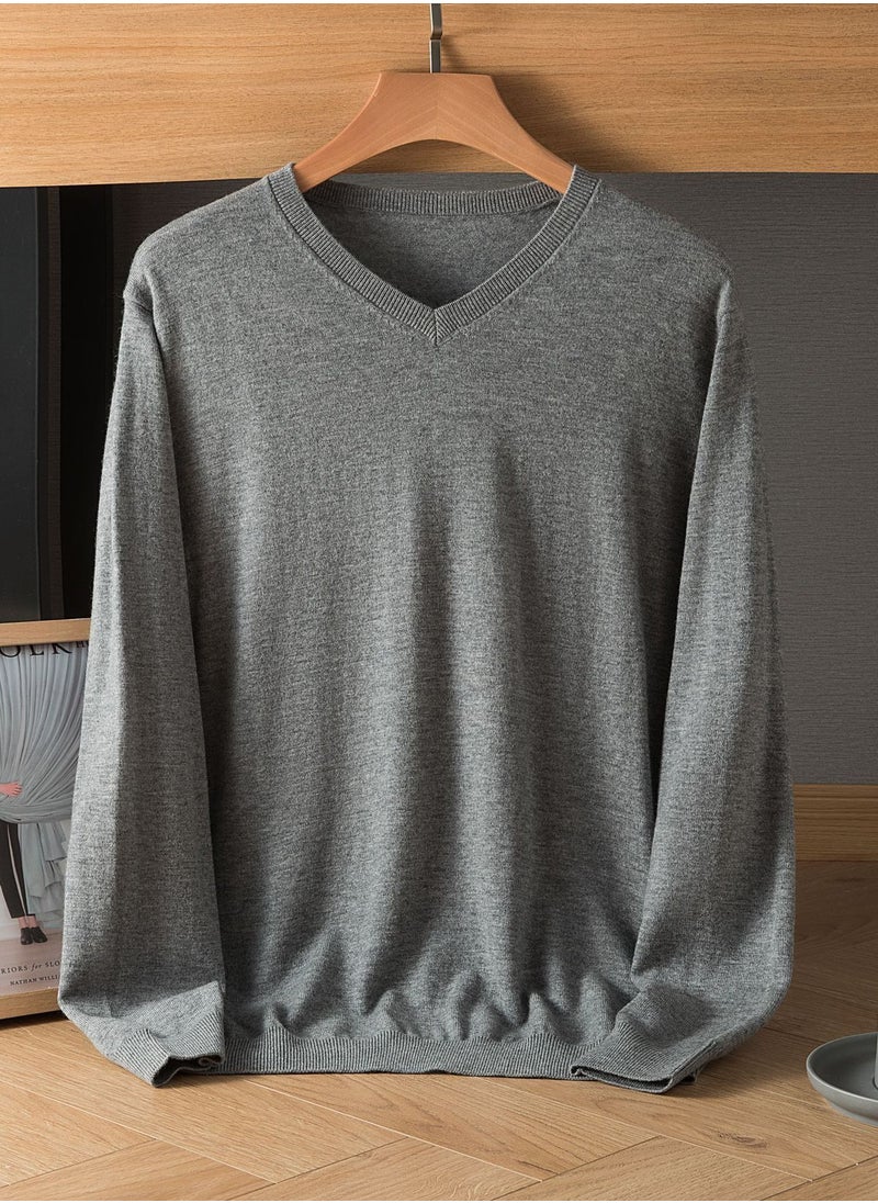 Loquat - Men's Winter Pure Wool Solid Color V-neck Sweater - Image 1