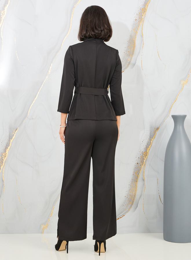 Styli Solid Belted Blazer and Straight Leg Pant Set  - Image 4