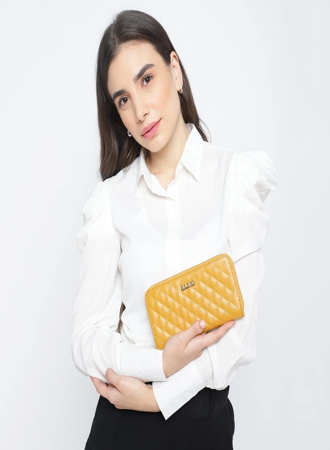 KLEIO Quilted PU Leather Bi Fold Zip Closure Multi Pockets and Slots Clutch Wallet for Women Ladies(HO5018KL-MU)(Mustard) - Image 3