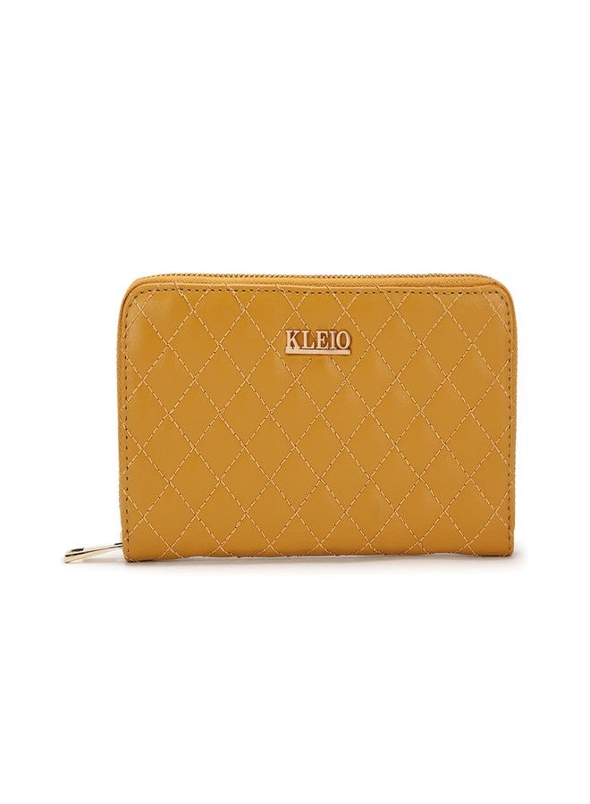KLEIO Quilted PU Leather Bi Fold Zip Closure Multi Pockets and Slots Clutch Wallet for Women Ladies(HO5018KL-MU)(Mustard) - Image 1