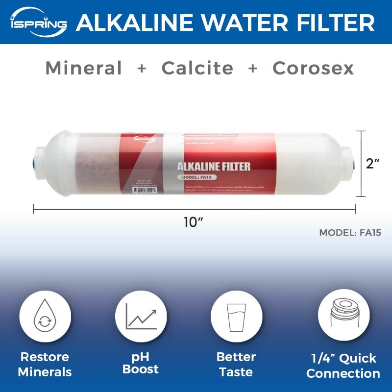 iSpring FA15 Alkaline Inline Water Filter Cartridge, 10â€ x 2â€ with 1/4â€ Quick Connect, NSF Certified, Add-on for RO Systems, Balances pH & Restores Minerals, 3-Layer Replacement Filter - Image 2