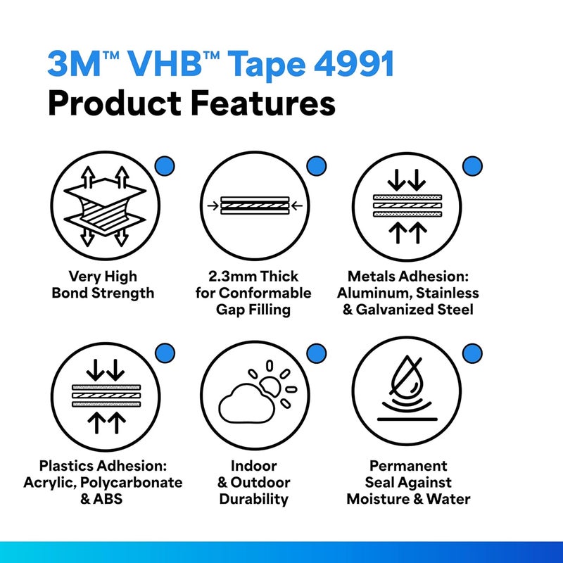 TapeCase 3M VHB Tape 4991, 3/8" x 5 yards, Gray, Double-Sided, Permanent, High Strength, Long-Term Durability - Image 2