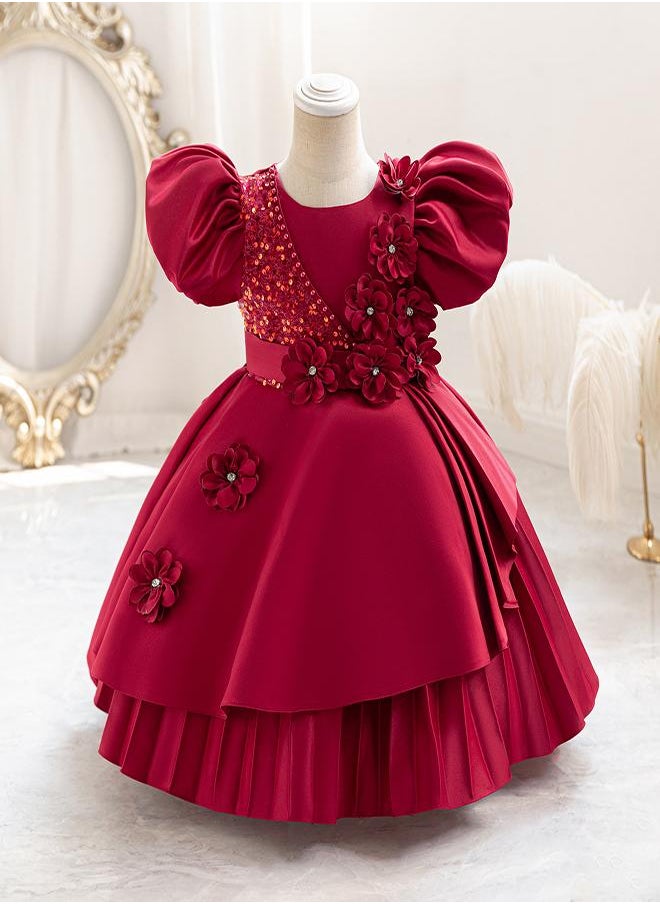 babyqlo Ruby Red Floral Party Dress for Girls  - Image 1