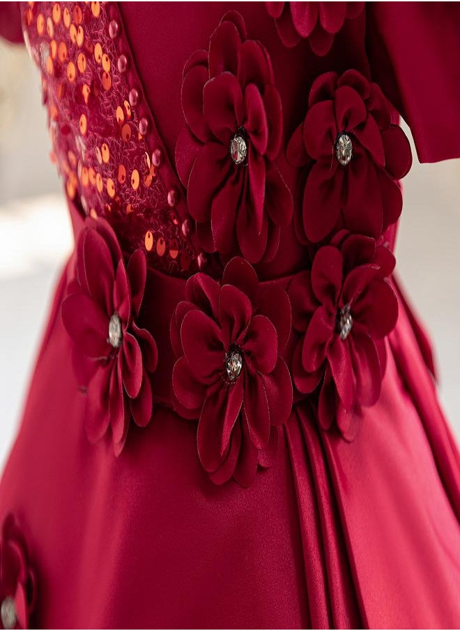 babyqlo Ruby Red Floral Party Dress for Girls  - Image 5