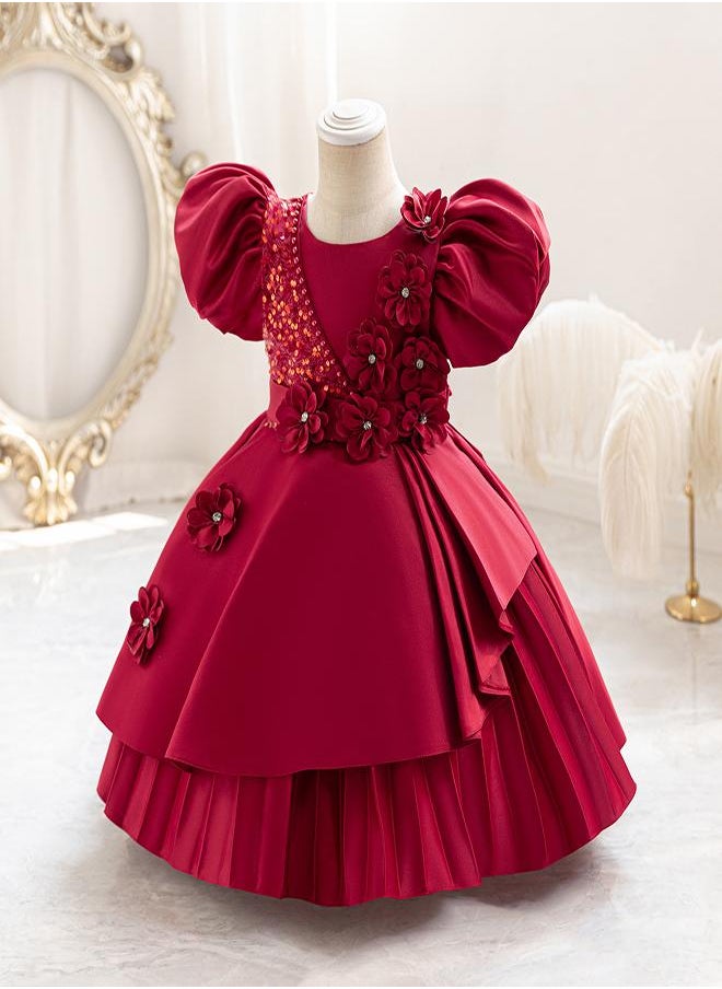 babyqlo Ruby Red Floral Party Dress for Girls  - Image 2