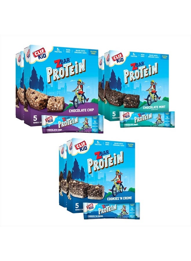 Clif Kid ZBar CLIF Kid Zbar Protein - Chocolate Chip, Chocolate Mint, and Cookies 'n Creme - Value Pack - Crispy Whole Grain Snack Bars - Made with Organic Oats - Non-GMO - 5g Protein - 1.27 oz. (30 Count) - Image 1