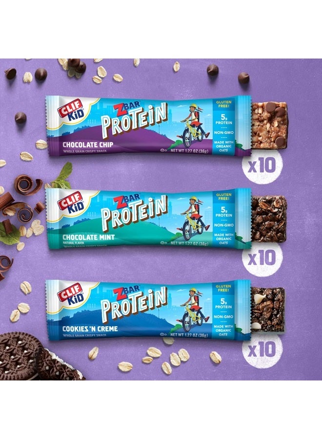 Clif Kid ZBar CLIF Kid Zbar Protein - Chocolate Chip, Chocolate Mint, and Cookies 'n Creme - Value Pack - Crispy Whole Grain Snack Bars - Made with Organic Oats - Non-GMO - 5g Protein - 1.27 oz. (30 Count) - Image 2