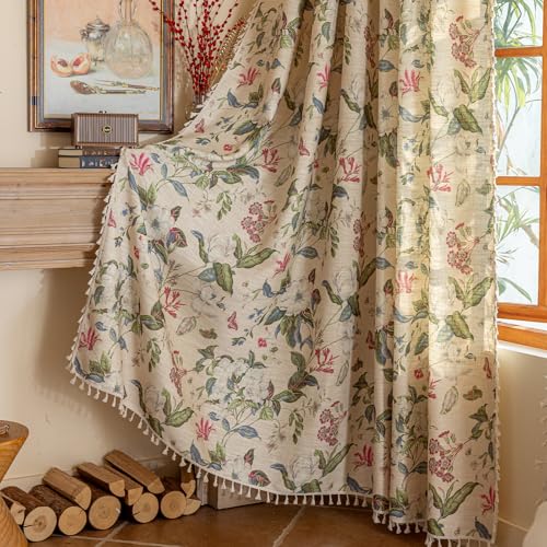 ENJOYBRIDAL Floral Curtains 96 Inches Long Living Room Boho Drapes Bedroom 2 Panels Semi Sheer Vintage Window Curtain Panels Rod Pocket Tassel Farmhouse Nursery Window Treatments - Image 2