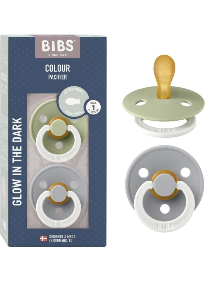 BIBS Pack of 2 Colour Symmetrical Glow Pacifiers, Bpa Free, Glow In The Dark Symmetrical Natural Rubber/Latex, Made In Denmark. Size 1 (0 - 6 Months ), Sage Glow/Cloud Glow
