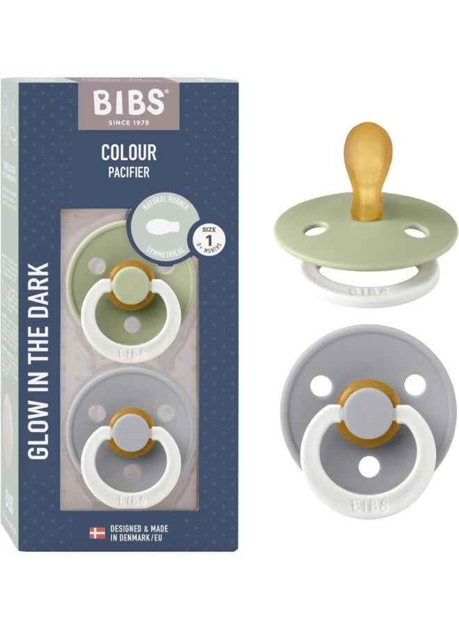BIBS Pack of 2 Colour Symmetrical Glow Pacifiers, Bpa Free, Glow In The Dark Symmetrical Natural Rubber/Latex, Made In Denmark. Size 1 (0 - 6 Months ), Sage Glow/Cloud Glow  - Image 2