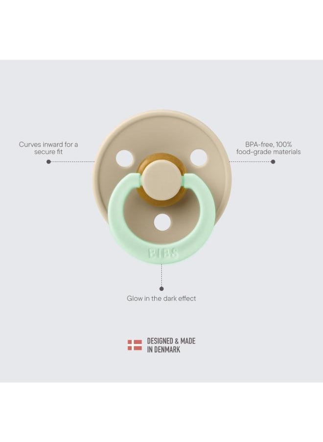 BIBS Pack of 2 Colour Symmetrical Glow Pacifiers, Bpa Free, Glow In The Dark Symmetrical Natural Rubber/Latex, Made In Denmark. Size 1 (0 - 6 Months ), Sage Glow/Cloud Glow  - Image 4