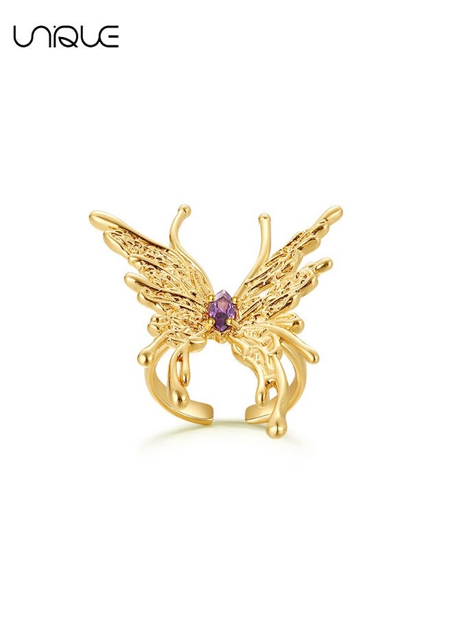 Unique Rings - Vintage Butterfly Rings - Gold Rings - Rings with Purple Diamonds - Adjustable Open Rings Expandable articulated rings for ladies and girls - Image 1