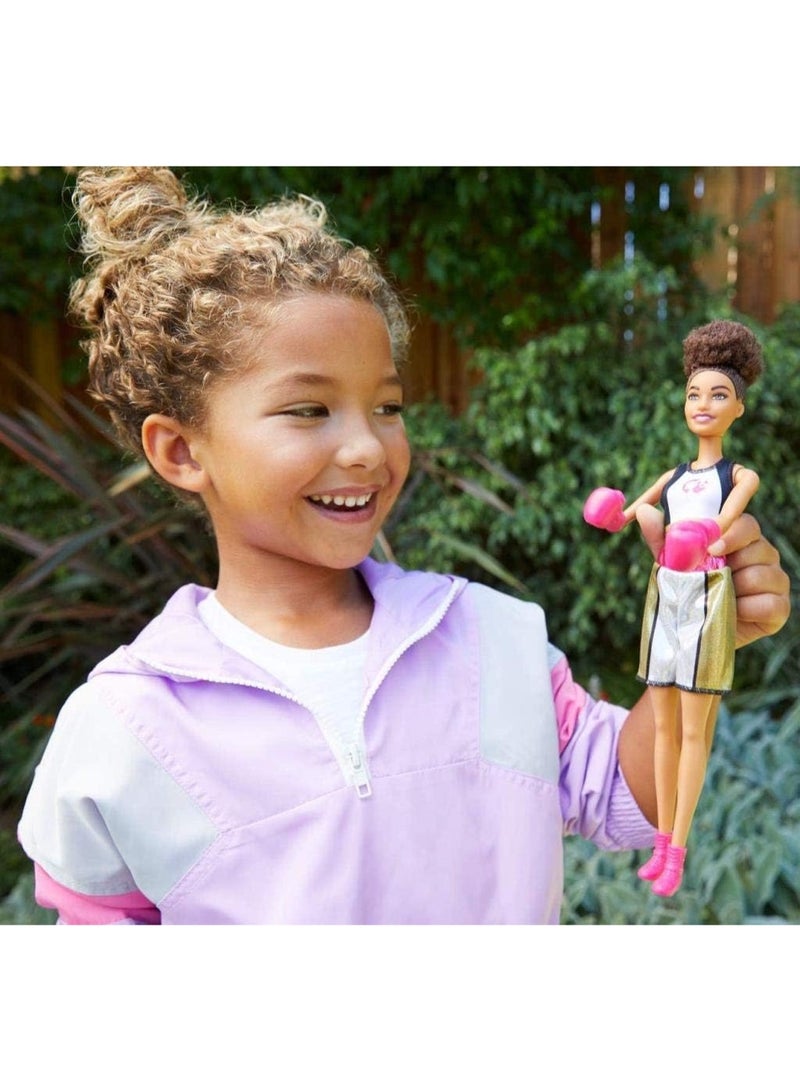 Barbie Doll Brown Boxer, Wearing Bralette, Metallic Shorts and Boxing Gloves Pink, Toy for Children, Multicoloured - Image 3
