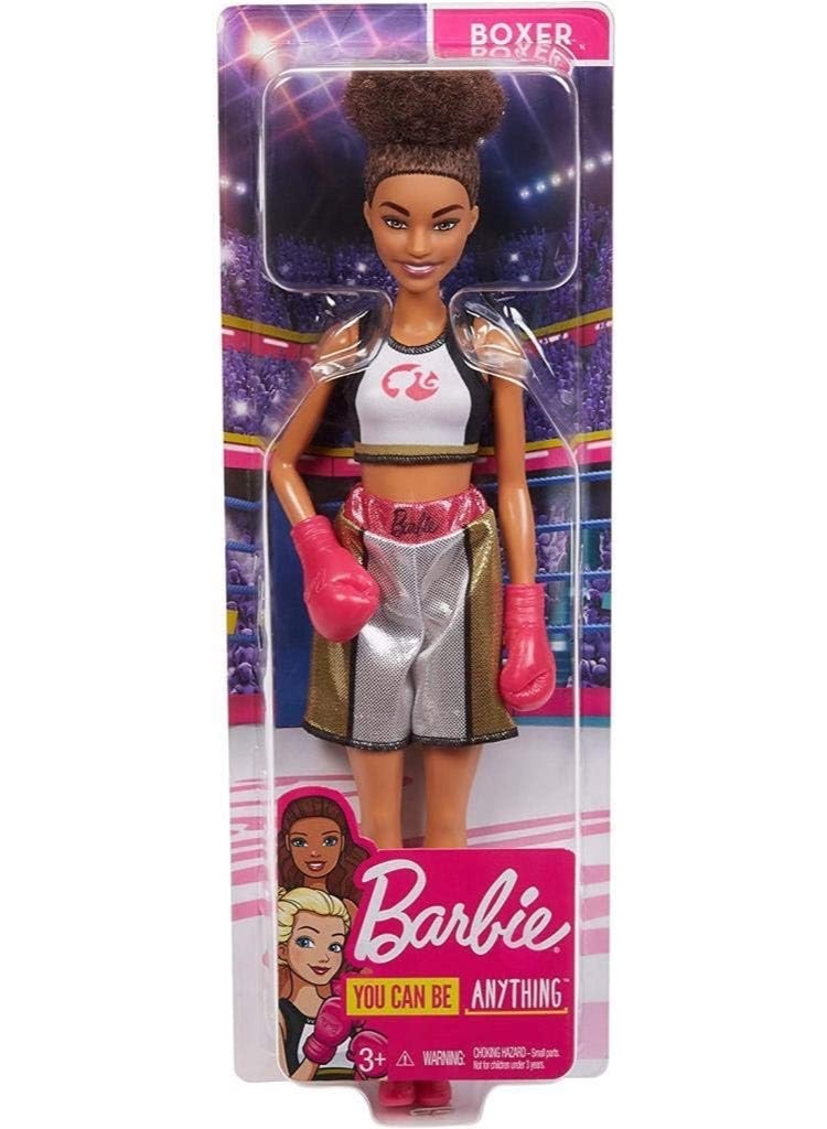 Barbie Doll Brown Boxer, Wearing Bralette, Metallic Shorts and Boxing Gloves Pink, Toy for Children, Multicoloured - Image 1