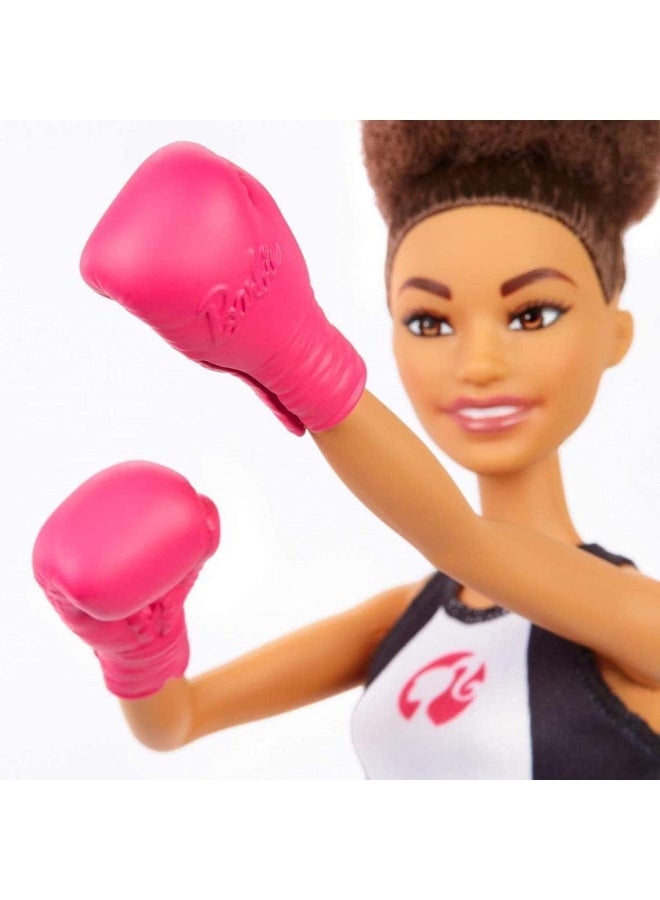 Barbie Doll Brown Boxer, Wearing Bralette, Metallic Shorts and Boxing Gloves Pink, Toy for Children, Multicoloured - Image 4