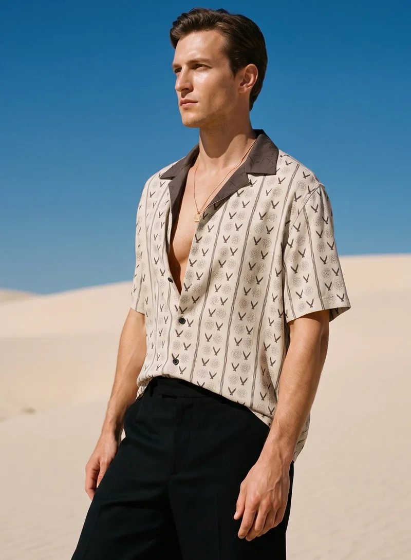 Tezhhomayaa Shower Of Forms Cuban Collar Half Sleeve Shirt – Beige Patterned Print