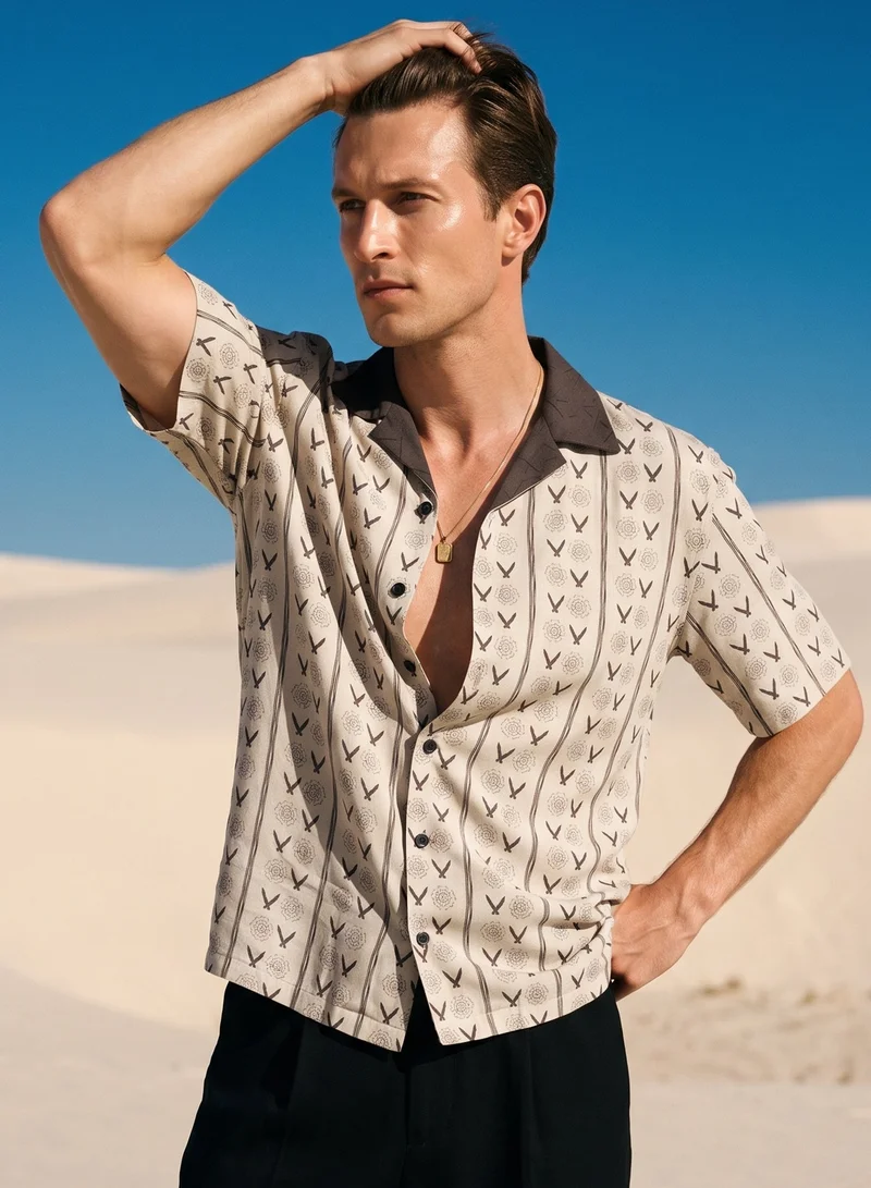Tezhhomayaa Shower Of Forms Cuban Collar Half Sleeve Shirt – Beige Patterned Print