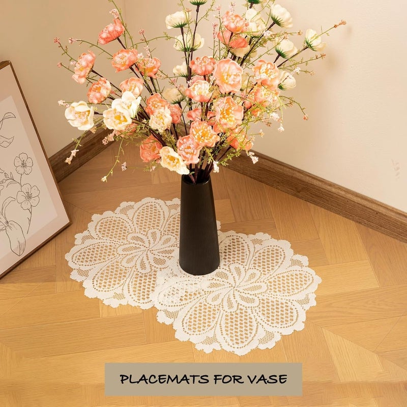Tazweeq 5 Pcs Round Lace Placemats, Embroidered Crochet Floral Vintage Tablemats, Decorative Lace Table Runners for Wedding, Tea Party, Daily Dining Table Decor, Beige, 15inch - Image 4