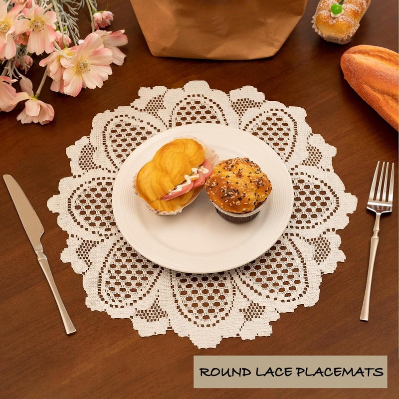 Tazweeq 5 Pcs Round Lace Placemats, Embroidered Crochet Floral Vintage Tablemats, Decorative Lace Table Runners for Wedding, Tea Party, Daily Dining Table Decor, Beige, 15inch - Image 2