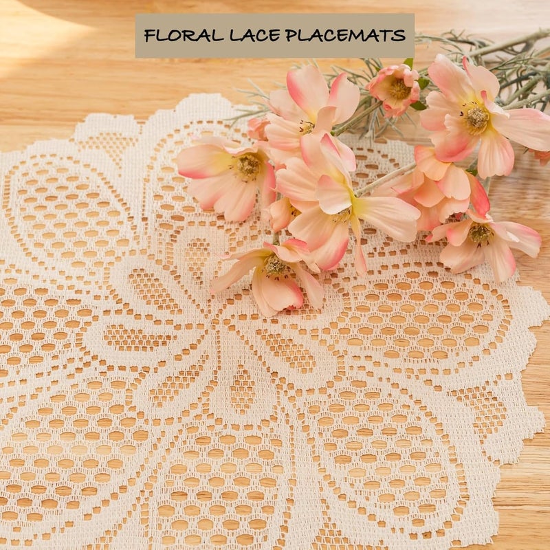 Tazweeq 5 Pcs Round Lace Placemats, Embroidered Crochet Floral Vintage Tablemats, Decorative Lace Table Runners for Wedding, Tea Party, Daily Dining Table Decor, Beige, 15inch - Image 5