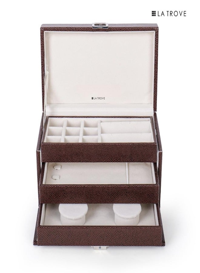 La Trove Jewelry Box Organizer, Storage for Necklaces, Earrings, Rings, Bangles, Chains, and Other Jewelry - 3 Stackable Trays for Home and Closet Organization | Locker Jewelery Box, Brown - Image 5