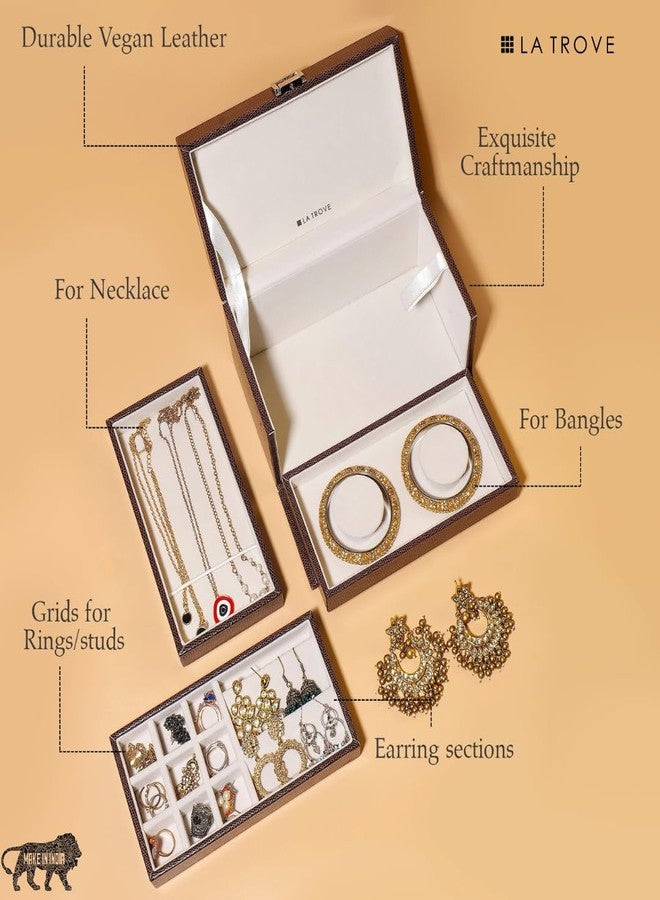 La Trove Jewelry Box Organizer, Storage for Necklaces, Earrings, Rings, Bangles, Chains, and Other Jewelry - 3 Stackable Trays for Home and Closet Organization | Locker Jewelery Box, Brown - Image 2