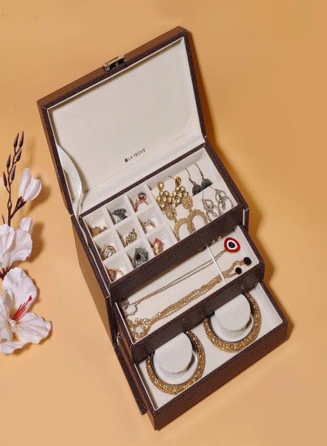 La Trove Jewelry Box Organizer, Storage for Necklaces, Earrings, Rings, Bangles, Chains, and Other Jewelry - 3 Stackable Trays for Home and Closet Organization | Locker Jewelery Box, Brown - Image 1