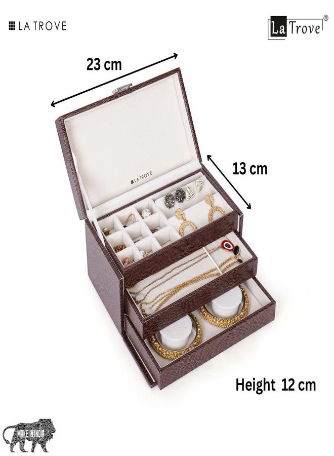 La Trove Jewelry Box Organizer, Storage for Necklaces, Earrings, Rings, Bangles, Chains, and Other Jewelry - 3 Stackable Trays for Home and Closet Organization | Locker Jewelery Box, Brown - Image 3