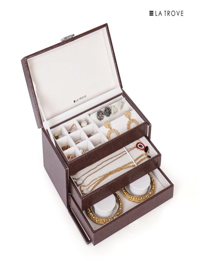 La Trove Jewelry Box Organizer, Storage for Necklaces, Earrings, Rings, Bangles, Chains, and Other Jewelry - 3 Stackable Trays for Home and Closet Organization | Locker Jewelery Box, Brown - Image 4