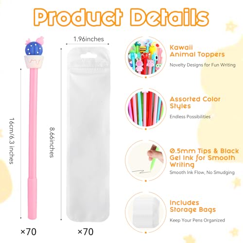 TOEMUR 140 Pcs Cute Pens Set - 70 Fun Character Pens Bulk with 70 Pen Bags, Animal & Cartoon Gel Pen for friends, Office, Birthday & Christmas Gifts, Party Favors (Colorful) - Image 2