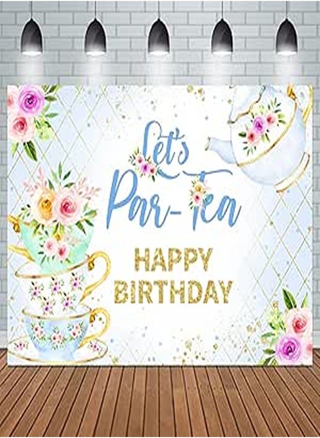 Let's Par-Tea Happy Birthday Backdrop,Golden Grid Teacup Teapot Flower Floral Green Leaves Party Decorations for Photography Background 7x5ft Photo Booth Banner 