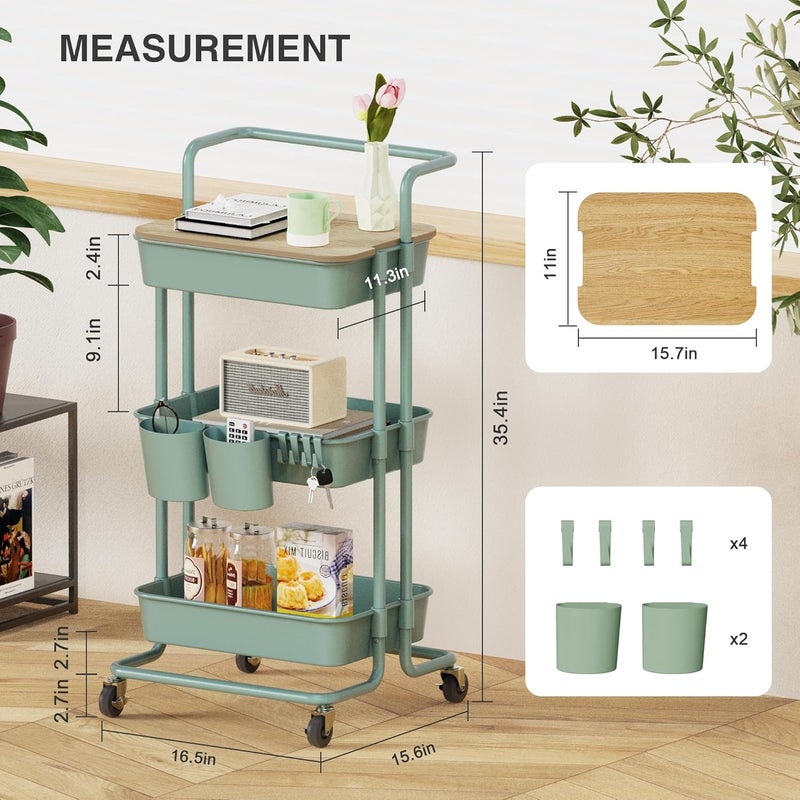 DTK 3 Tier Utility Rolling Cart with Cover Board, Rolling Storage Cart, H≤ & Locking Wheels Kitchen Cart with 2 Small Baskets & 4 Hooks for Bathroom Office Balcony Living Room(Turquoise) Large - Image 2