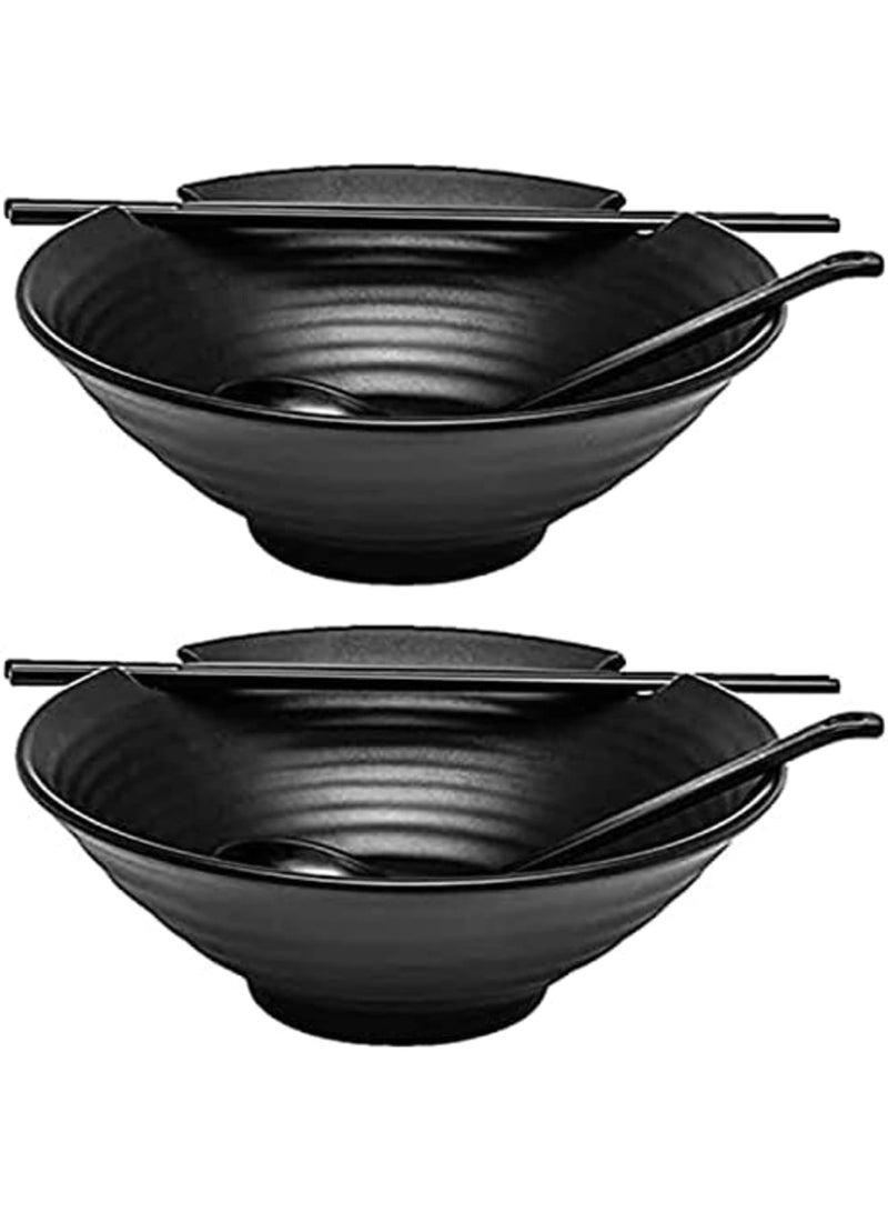 Luckam طقمين من وعاء الرامن (ميلامين أسود)، 6 قطع، 37 أونصة من أوعية الحساء مع عيدان تناول الطعام وملاعق لطقم الرامن، الفو، المعكرونة، الأطباق الآسيوية - Image 1