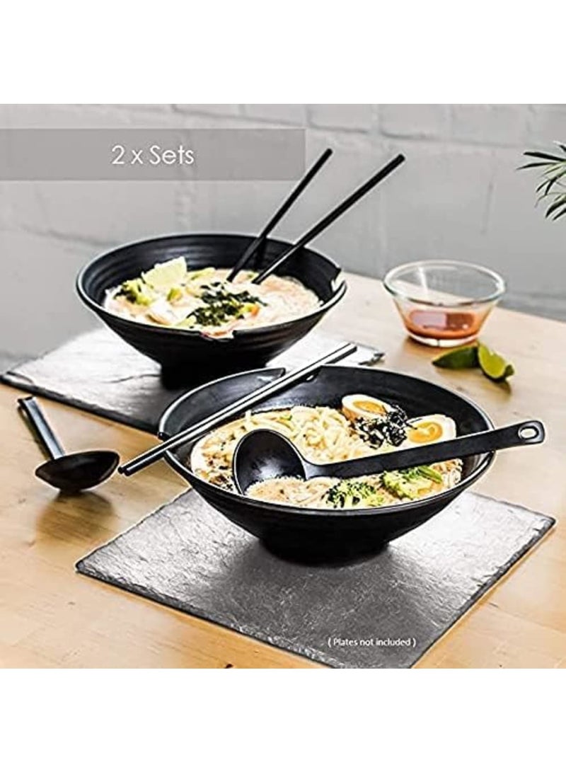 Luckam طقمين من وعاء الرامن (ميلامين أسود)، 6 قطع، 37 أونصة من أوعية الحساء مع عيدان تناول الطعام وملاعق لطقم الرامن، الفو، المعكرونة، الأطباق الآسيوية - Image 5