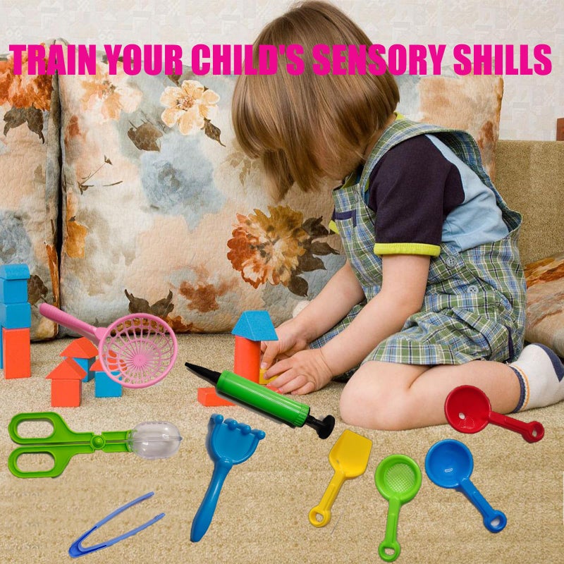 Calefow 12 Pcs Sensory Bin Filler,Sensory Bin Tools, Fine Motor Skills Handy Scooper Set with 5 Scoops, Plastic Tweezers, Silicone Tongs, Beach Shovels, Air Pump, Scissors Clip - Image 3