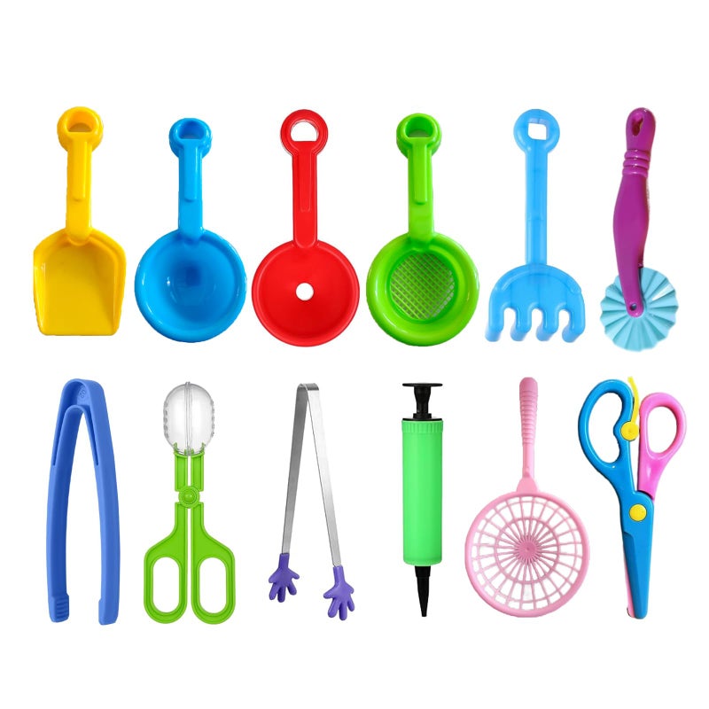 Calefow 12 Pcs Sensory Bin Filler,Sensory Bin Tools, Fine Motor Skills Handy Scooper Set with 5 Scoops, Plastic Tweezers, Silicone Tongs, Beach Shovels, Air Pump, Scissors Clip - Image 1
