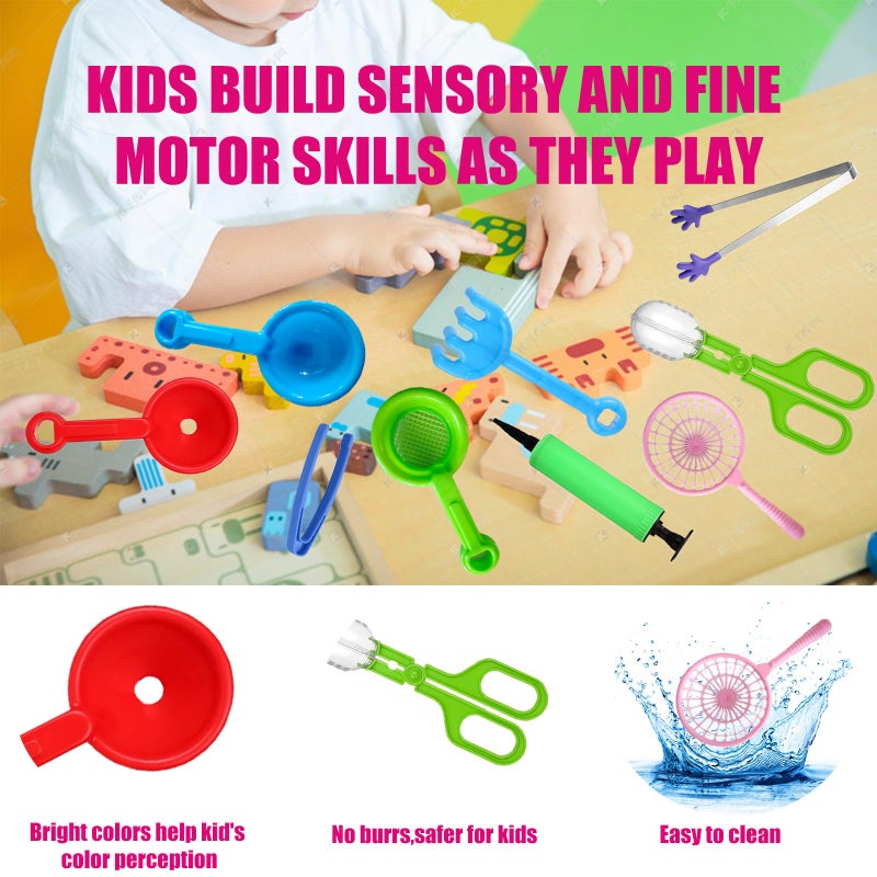 Calefow 12 Pcs Sensory Bin Filler,Sensory Bin Tools, Fine Motor Skills Handy Scooper Set with 5 Scoops, Plastic Tweezers, Silicone Tongs, Beach Shovels, Air Pump, Scissors Clip - Image 5