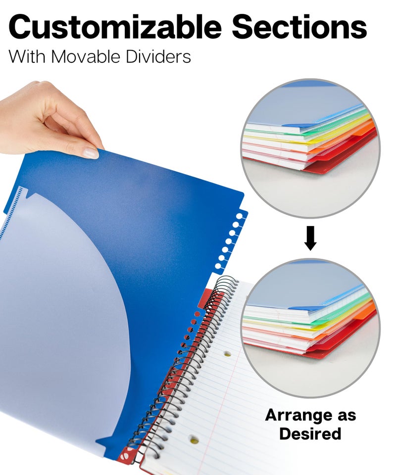 Dunwell 5-Subject Spiral Notebook, College Ruled (Red), Colorful Movable Pocket Dividers with Tabs, Front/Back Plastic Covers, 200 Sheets (400 Pages) of 3-Hole Punch Perforated 8.5x11 Paper - Image 2