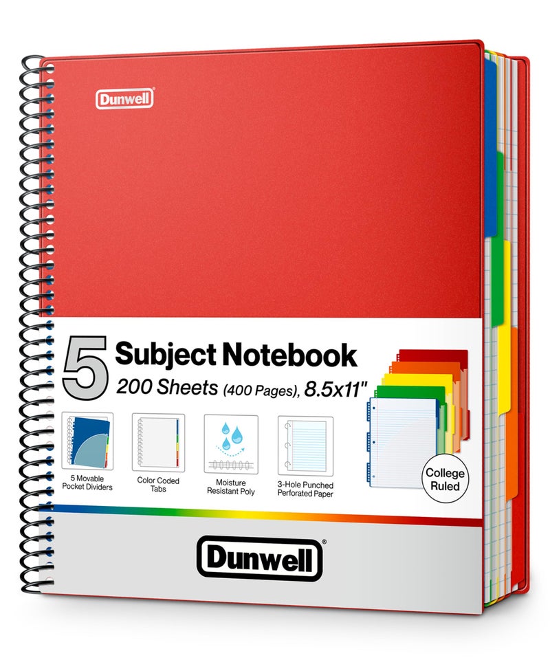 Dunwell 5-Subject Spiral Notebook, College Ruled (Red), Colorful Movable Pocket Dividers with Tabs, Front/Back Plastic Covers, 200 Sheets (400 Pages) of 3-Hole Punch Perforated 8.5x11 Paper - Image 1