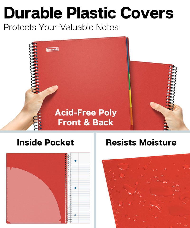 Dunwell 5-Subject Spiral Notebook, College Ruled (Red), Colorful Movable Pocket Dividers with Tabs, Front/Back Plastic Covers, 200 Sheets (400 Pages) of 3-Hole Punch Perforated 8.5x11 Paper - Image 3