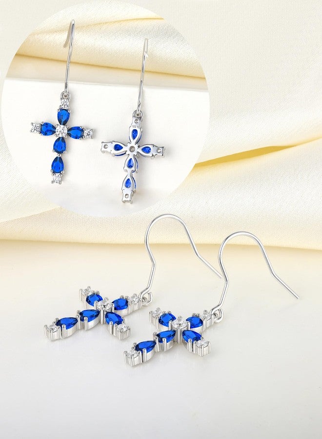 YL 925 Sterling Silver Cross Dangle Earrings Halo Created Sapphire Hook Earrings Religious Jewelry for Women - Image 5