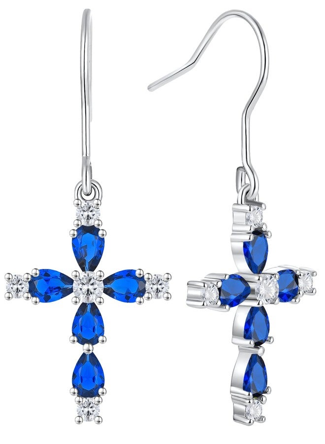 YL 925 Sterling Silver Cross Dangle Earrings Halo Created Sapphire Hook Earrings Religious Jewelry for Women - Image 1
