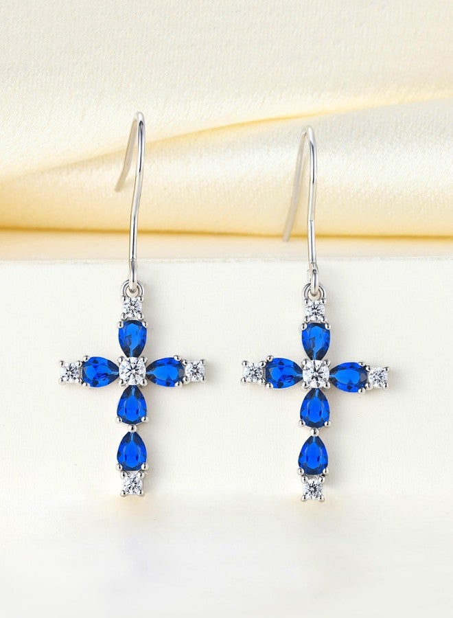 YL 925 Sterling Silver Cross Dangle Earrings Halo Created Sapphire Hook Earrings Religious Jewelry for Women - Image 4