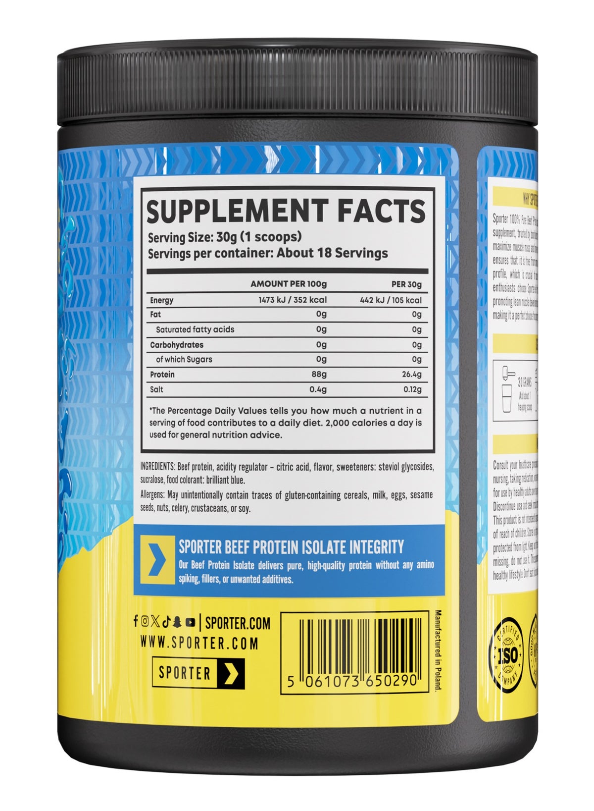 Sporter Beef Protein Isolate – 540G | 26G Protein Per Serving | 0G Sugar & Fat | Blue Raspberry Flavor | Lactose-Free | Muscle Building & Recovery
