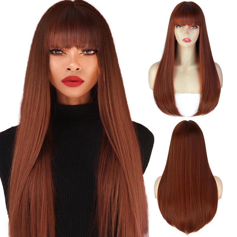 ENTRANCED STYLES Auburn Wigs for Women Long Straight Wig with Bangs Reddish Brown Wig Colored Cosplay Wig Heat Resistant Synthetic Copper Red Wig for Daily Party Use 22 Inch - Image 1