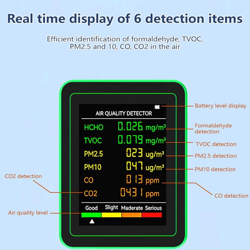 6 In 1 Air Quality Monitor CO2 Meter PM2.5 PM10 HCHO TVOC CO Formaldehyde Detector LCD Display Gas Detector CO2 Sensor Analyzer - Image 4